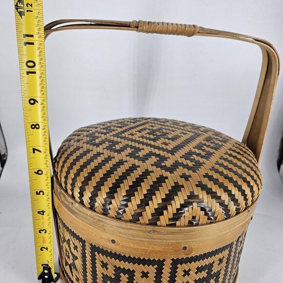 Handwoven Bamboo Basket Wedding Lidded Handle Geometric Black Pattern Storage